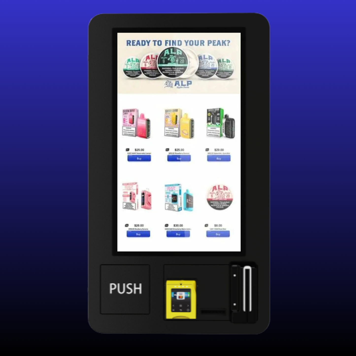 Krato VM-M02 32 inch touchscreen displaying product selection menu with age verification